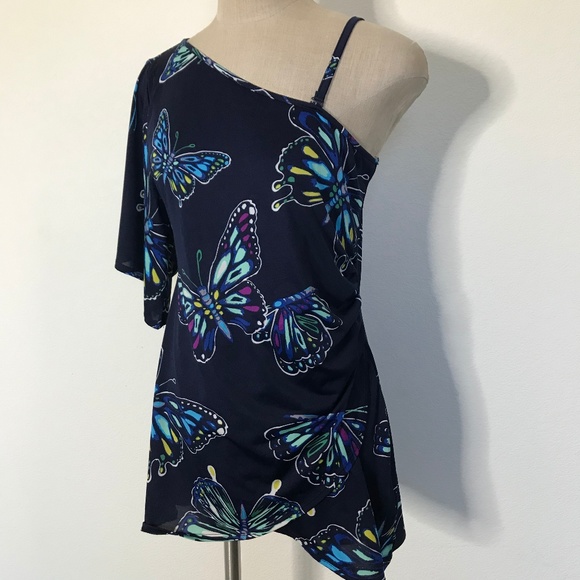 Tops - Asymmetrical One Shoulder Top Blue Butterflies M